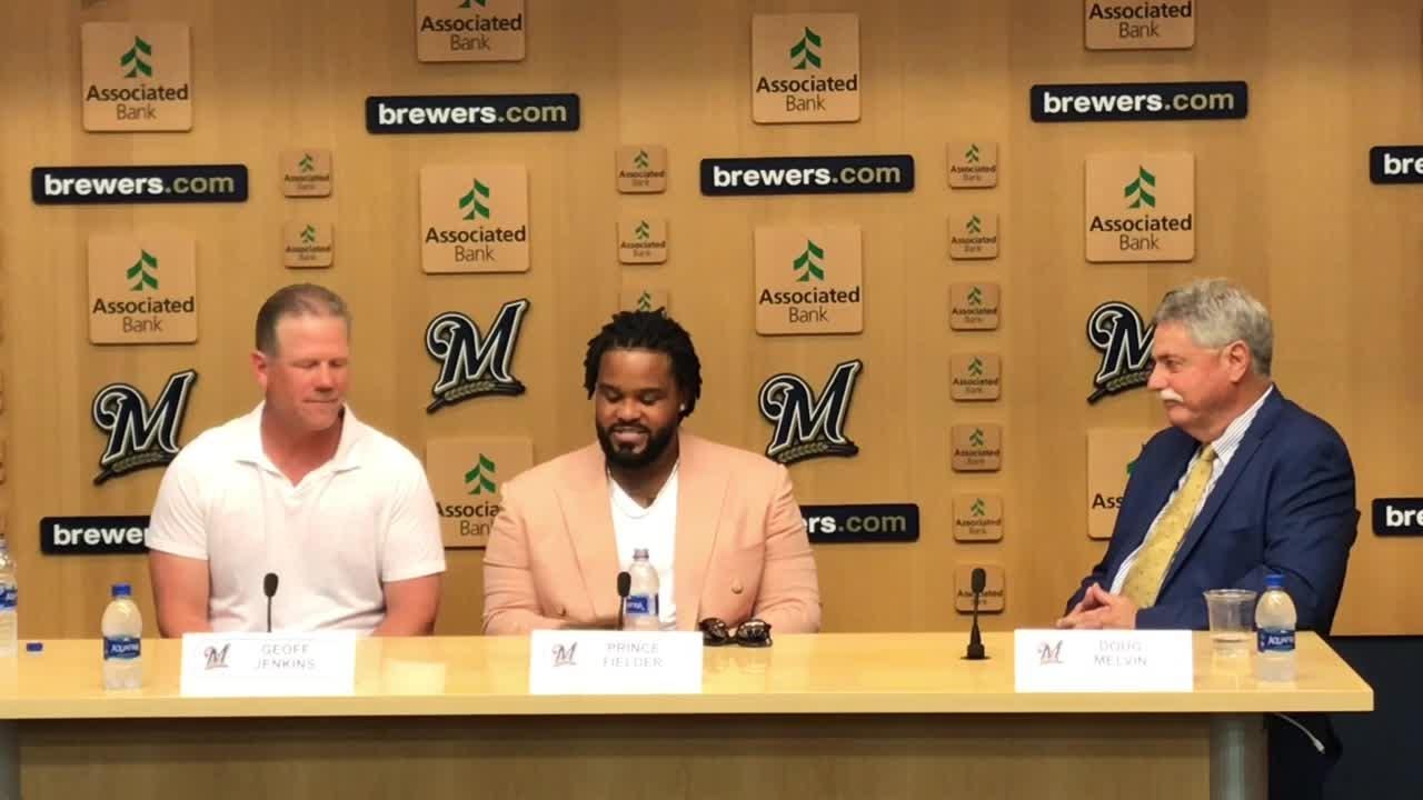 Milwaukee Brewers first baseman Prince Fielder (28) urges the coaching  staff to argue his double was actually a home run during the game between  the Milwaukee Brewers and Chicago Cubs at Miller