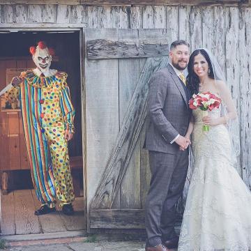 Scary clown photobombs wedding photos bride didn t know