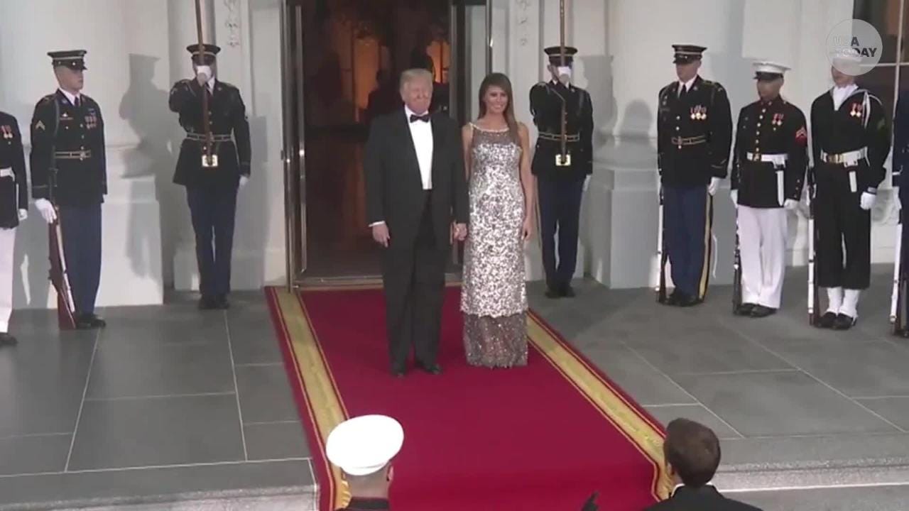 France's First Lady Pops in Red Dress & Graphic Block Heels With Melania  Trump