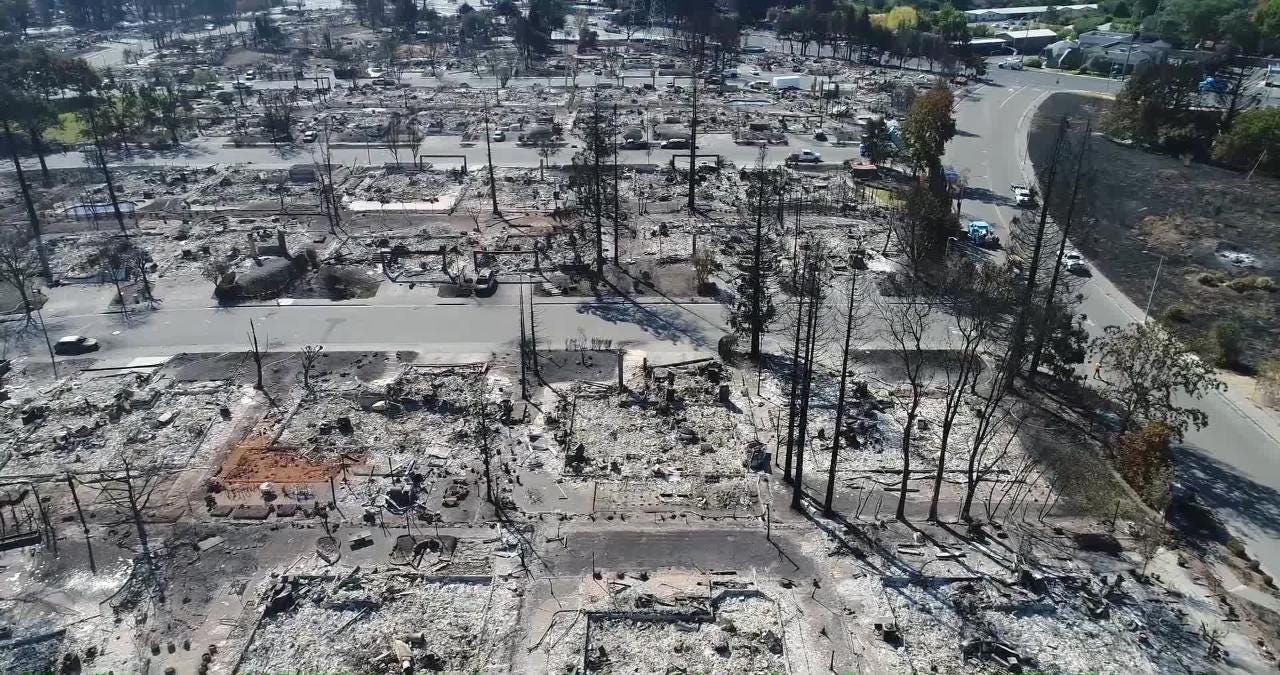 Drone footage of aftermath of the Tubbs fire on the Larkfield-Wikiup neighborhood in Santa Rosa